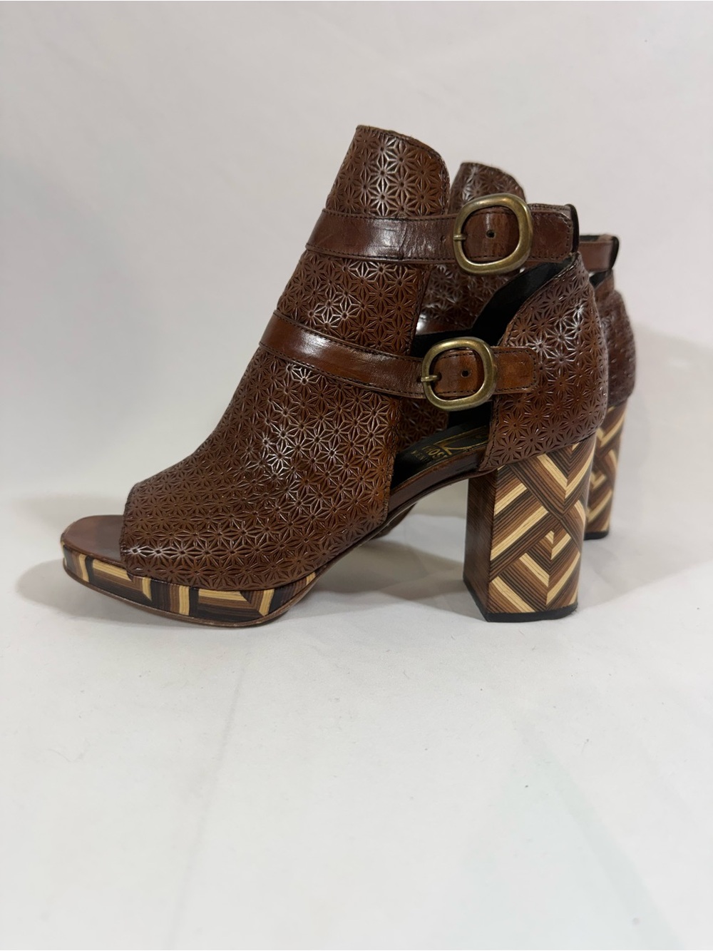 Jo Ghost Made in Italy Brown Leather Peep-Toe Buckle Block Heels
